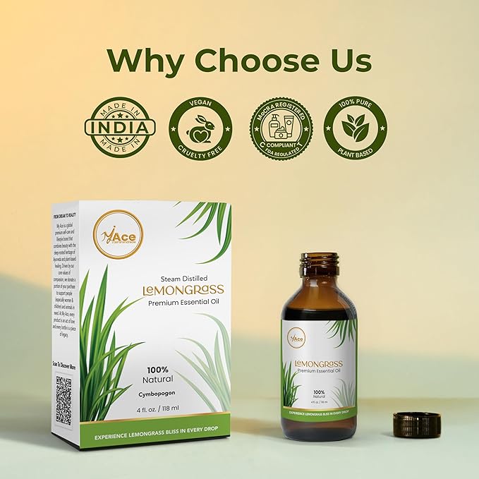 My Ace Lemongrass Essential Oil – 100% Pure & Natural, Steam Distilled, Therapeutic Grade for Diffusers, Aromatherapy, Soap & Candle Making, Non-GMO, Vegan – 4 fl oz MyAce