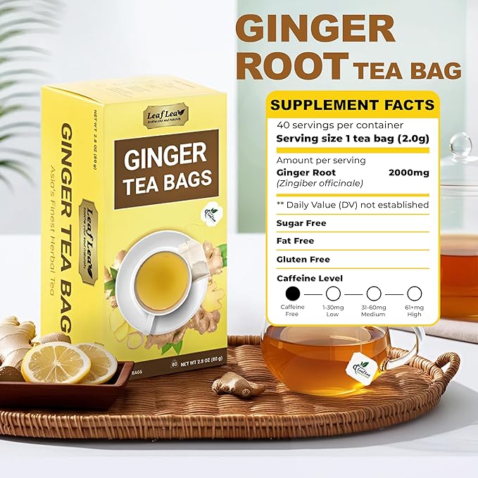 LeafLea 120 Ginger Tea Bags, 100% Pure Ginger Root Herbal Tea, Spicy & Warming Flavor, Supports Digestion & Immune Health, Individually Wrapped, Caffeine-Free, Sugar-Free, Gluten-Free, Non-GMO, Vegan - Bloomnest