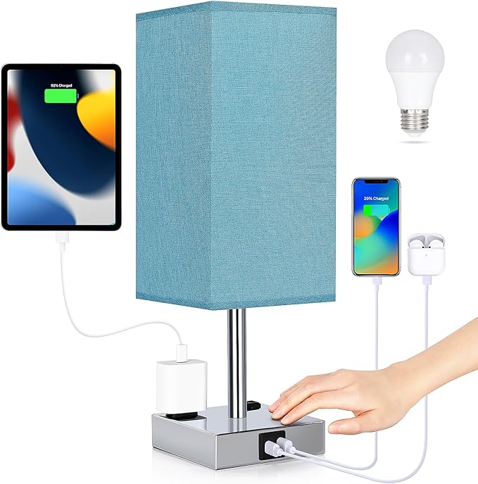 Bedside Lamp with USB Ports - Touch Control Table Lamp for Bedroom with USB C+A Charging Ports & AC Outlets, 3 Way Dimmable Nightstand Light with Flaxen Shade for Living Room (LED Bulb Included, Blue) - Bloomnest