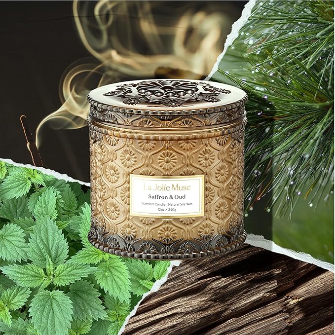 LA JOLIE MUSE Saffron & Oud Candle - Incense, Oud, Red Saffron | 12 oz Large 2-Wick Soy Wax Candle | 60 Hours Clean Burn | Gift-Ready for Hosts & Gatherings | Elegant Home Décor - Bloomnest