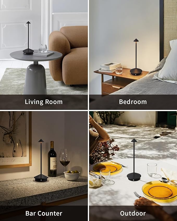 Modern Cordless Table Lamp Set of 2, Portable LED Desk Lamps, 5000mAh Rechargeable Battery Operated Lighting for Bedroom Dining Room Restaurant Coffee Shop Camping Night Light (Black) - Bloomnest