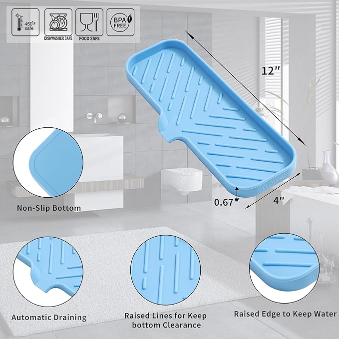Silicone Bathroom Soap Dishes with Drain Spout-Bathroom and Kitchen Sink Organizer,Sponge Holder,Dish Soap Tray,Perfect for Dispenser,Scrubber,Bottle on Sink or Counter-Light Blue 12"×4" - Bloomnest