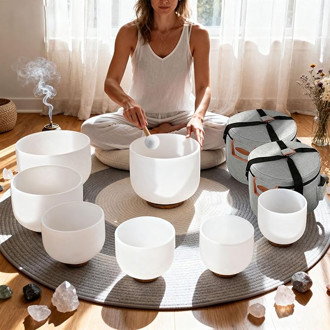 RYAN DVAN 432Hz 7-12 inch Crystal Singing Bowl Set of 7 with Free Carrying Case, Frosted Quartz Sound Bowls for Chakra Healing, Meditation,Yoga,Sound Therapy,Mindfulness,Relaxation & Stress Relief - Bloomnest