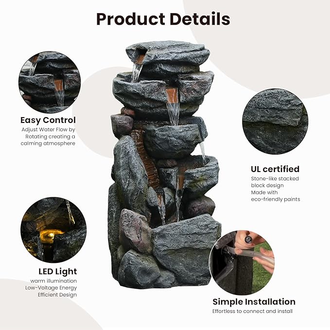 The 5-Tiered Rock Water Fountain Outdoor&Indoor, 31.5’’H Floor-Standing Garden Fountains, Stone Feature and Waterfall with Lights for Patio, Backyard, Deck, Porch, Home DéCor, Gray - Bloomnest