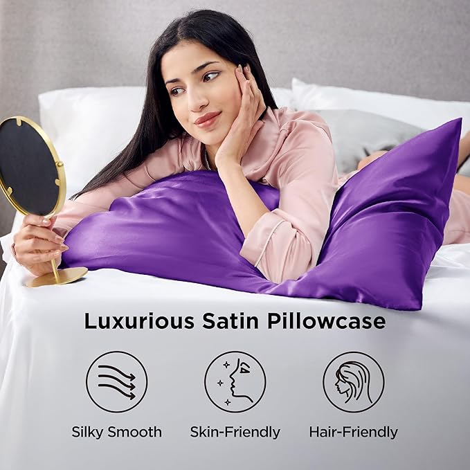 Bedsure Satin Pillowcase 2 Pack Similar to Silk Pillow Cases Standard Size, Pillow Case for Sleeping Women with Envelope Closure, Gifts for Women Men, Purple, 20x26 Inches, 2pcs - Bloomnest