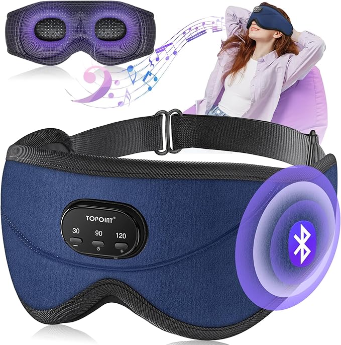 TOPOINT Sleep Mask with Bluetooth Headphones, 3D Eye Mask for Sleep Headphones with White Noise, Total Blackout, 5.4 Bluetooth, Timer, 15 Hours for Women Men, Travel, Meditation, Nap, CPAP Users - Bloomnest