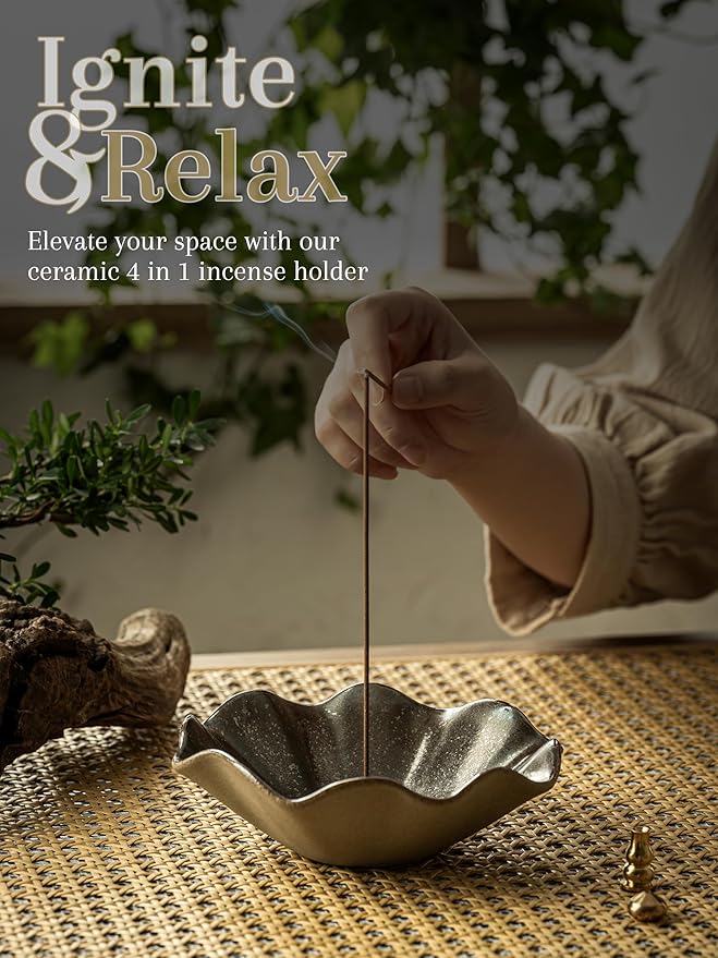 4 in 1 Incense Burner 6 Inch Inscents-Sticks Holder, Lotus Incense Holder for Sticks, Insence Burner with 3 Incense Sockets for Meditation, Yoga, Home Decor, Black and Brown