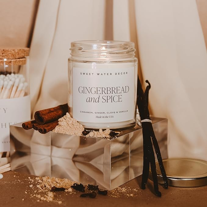 Sweet Water Decor Gingerbread and Spice Candle - Orange, Lemon, and Ginger Candles Scented Soy Candles for Home - Christmas Candle 9oz Clear Jar, 40 Hour Burn Time, Made in The USA - Bloomnest