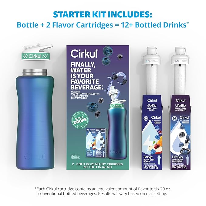 Cirkul 32oz. Chameleon Stainless Steel Water Bottle Starter Kit with Green Lid, 2 Flavor Cartridges (1 LifeSip Blackberry Blueberry, 1 GoSip Berry Blue Punch) No Sugar, Zero Calorie Drink Mix Cirkul