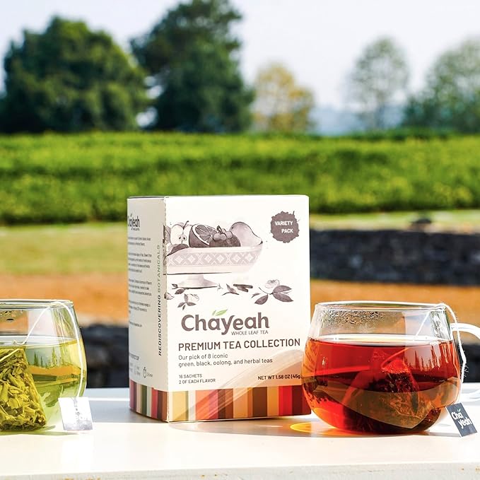 CHAYEAH, Premium Tea Collection (16 Pyramid Tea Sachets, 8 Assorted Flavors), Green, Black, Oolong, Pu’erh & Herbal Tea Sampler Variety Pack, Caffeinated and Non-Caffeinated, Whole Leaf Tea Bag - Bloomnest