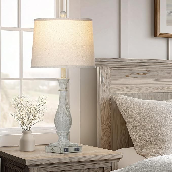 27.5" Grey Farmhouse Lamps Set of 2, Vintage Living Room Table Lamps with USB C+A Ports & AC Outlet, 3-Way Touch Control Bedside Lamp, Rustic Resin Bedroom Lamp for Nightstand Side Table Desk - Bloomnest