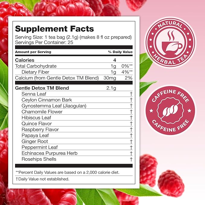 Total Tea SIimming Detox Tea Caffeine Free - 25 Day Detox - Herbal Tea with Chamomile, Hibiscus Tea & Ginger Root for Colon Cleanse – Natural Raspberry Fruit Tea - Bloomnest