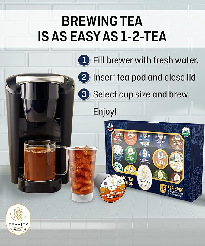 Organic Tea Pods Variety Pack - Assorted Sampler Pack Compatible for Keurig Brewer and Coffee Maker - Earl Grey, English Breakfast, Chai, Chamomile - Herbal Tea Pod for K Cup Keurig Brewing -15 count (Pack of 1) by Teavity - Bloomnest