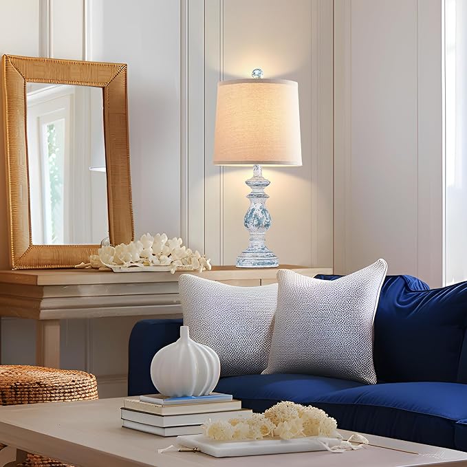 PARTPHONER Traditional Table Lamp Set of 2, Rustic Farmhouse Table Lamps for Living Room Bedroom, 22" Bedside Desk Lamps Vintage Nightstand Lamps with Linen Shades, Washed Blue - Bloomnest