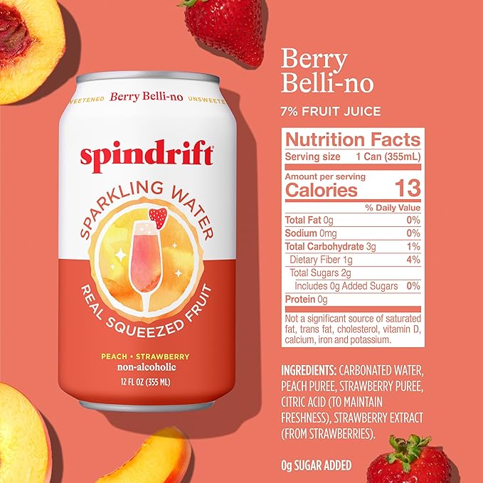 Spindrift Sparkling Water, Berry Belli-no Flavored, Made with Real Squeezed Fruit, 12 Fl Oz Cans, Pack of 24 (Only 13 Calories per Can) - Bloomnest