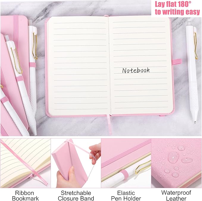 Aodaer 50 Sets Pocket Notebook Journal with Pens, 160 Pages, 3.5 x 5.5 Inch Mini Lined Journal Notebook A6 Leather Hardcover College Ruled Notepad with Pen Holder for School Office Gifts, Pink - Bloomnest