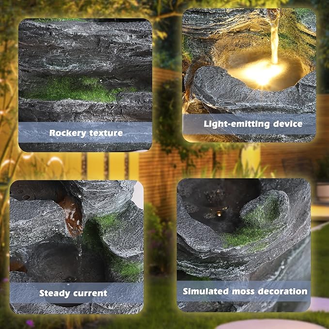 Grepatio Outdoor Water Fountain 7 Tier Cascading Rock Waterfalls Fountains with LED Lights and Pump Indoor/Outdoor Modern Floor Standing Garden Water Fountain for Yard, Patio, House Decor - Bloomnest