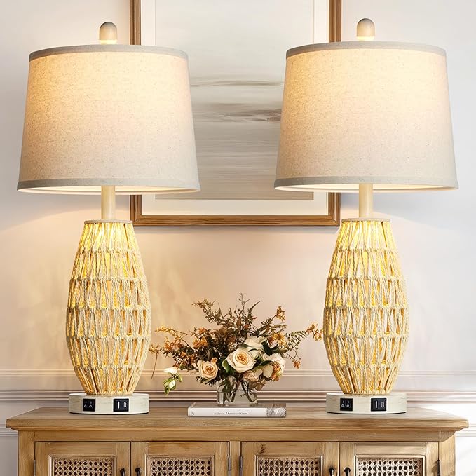 27“ Beige Rattan Table Lamps with Night Light, Boho Bedside Lamps Set of 2, Woven Wicker Bedroom Lamp for Nightstand with USB A+C Charging Port & AC Outlet, Tall Coastal Living Room Lamp - Bloomnest