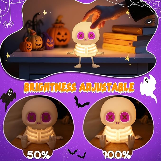 Skull Night Light, Cute LED Silicone Lamp, Color Changing & Dimmable Helloween Room Decor, 20 Mins Timer Squishy Cordless Rechargeable Nightlight, Bedside Light for Christmas Halloween Gifts - Bloomnest