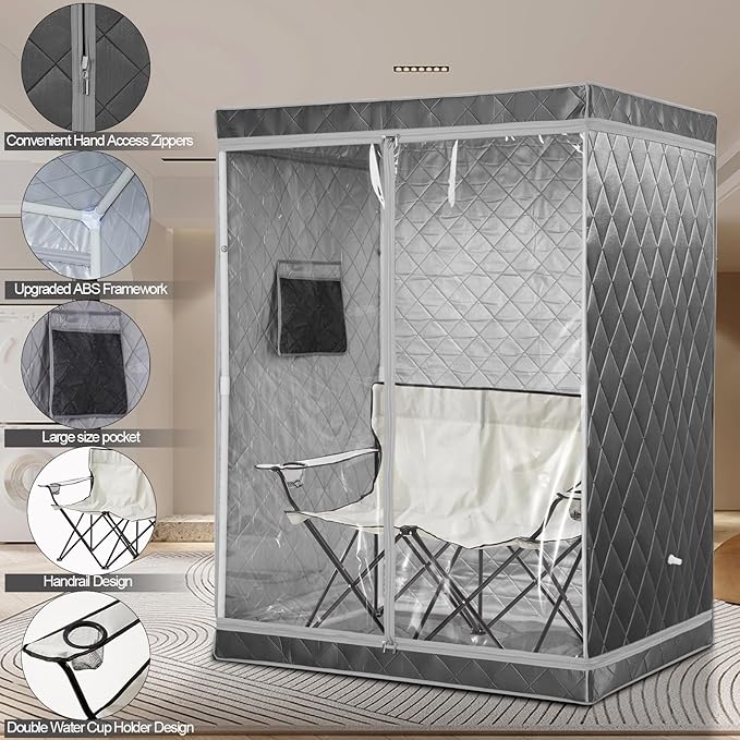 Full Size 2 Person Sauna Tent, Portable Steam Sauna Tent for Home, 1 or 2 Person Foldable Lightweight, Full Body Sauna Tent for Relaxation, Steamer Not Included, 2 Person Foldable Chair iDOTODO