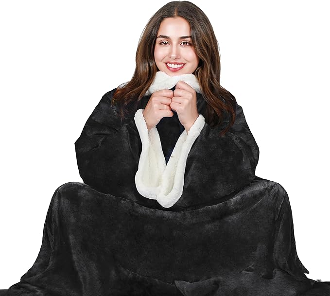 Tirrinia Sherpa Wearable Blanket With Sleeves, Full Body Throw Reading Wrap TV Blankets - Bloomnest
