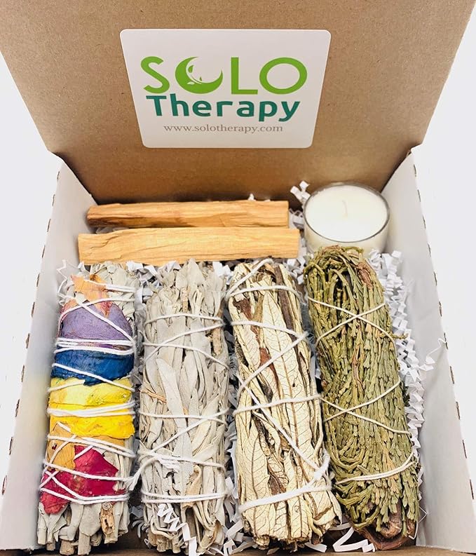 Smudge Kit Spiritual Set - White Sage, Cedar, 7 Chakra Sage, Yerba Santa, Palo Santo, Sandalwood T-Lite Candle - for Purifying, Cleansing, Meditating, Blessing, Manifesting, Love (Smudge Kit) SoloTherapy