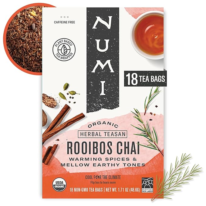 Numi Organic Rooibos Chai Tea, 18 Herbal Bags, Microplastic Free, Rich Flavor with Cinnamon, Allspice & Ginger, Caffeine Free - Bloomnest