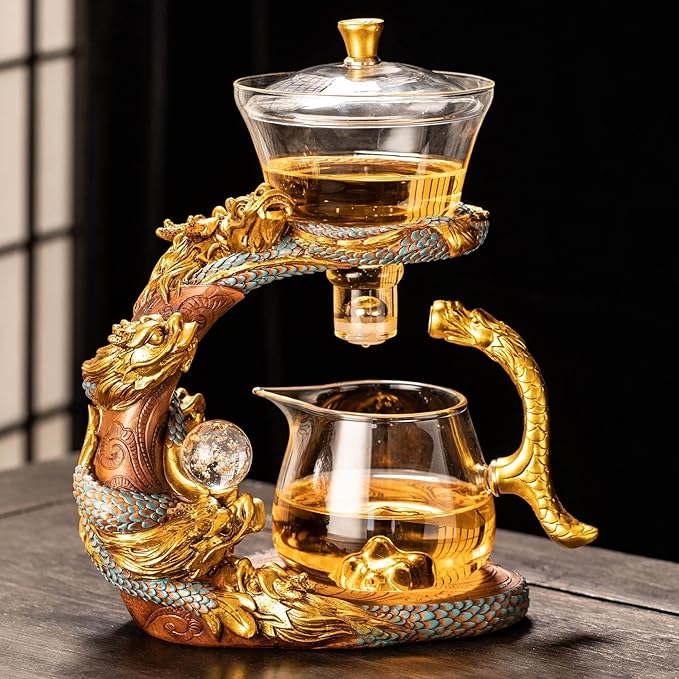 Glass Teapot Set with Infuser Semi Automatic Dragon Tea Set (Blue golden teapot) - Bloomnest