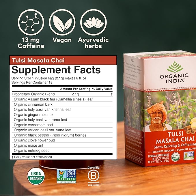 ORGANIC INDIA Tulsi Masala Chai Tea Bags - Holy Basil, Black Tea, Spices with Ginger, Stress Relieving, Immune Support, USDA Certified Organic, Antioxidant, Caffeinated - 18 Infusion Bags, 3 Pack - Bloomnest