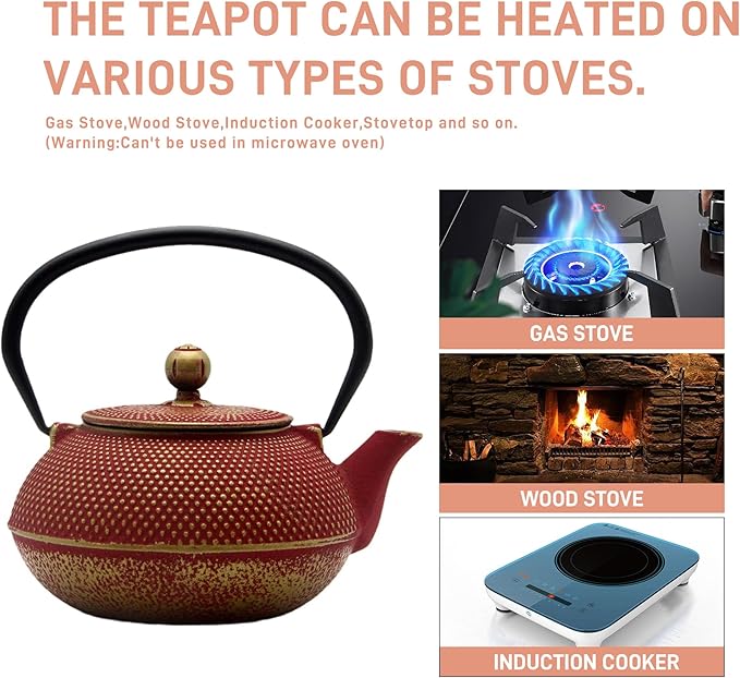 Cast Iron Teapot Tea Kettle with Stainless Steel Infuser for Stovetop Safe Coated with Enameled Interior Japanese Red Tetsubin for Loose Tea(30.4oz/900ml) - Bloomnest