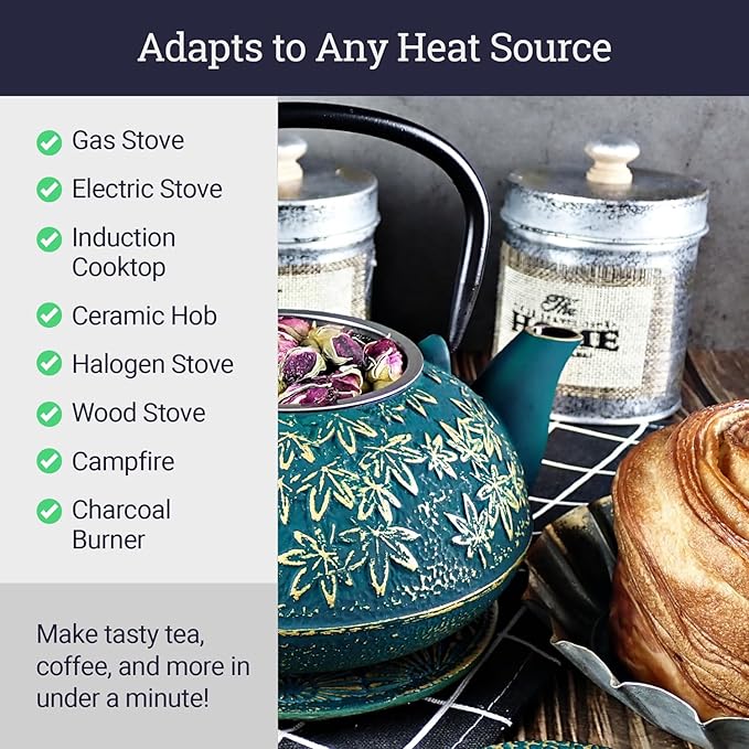 Large Japanese Cast Iron Teapot Capacity 40Oz with Trivet and Loose Leaf Tea Infuser, Cast Iron Tea Kettle Stovetop Safe. Tetsubin Coated with Enamel Interior - Green Teapot