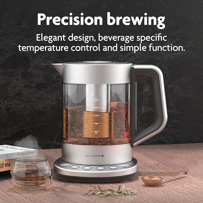 Vianté Electric Kettle With Infuser For Loose Leaf. Hot Tea Maker With Temperature Control And Automatic Shut Off. Tea Kettle With Brewing Programs. 1.5 Liters Capacity - Bloomnest