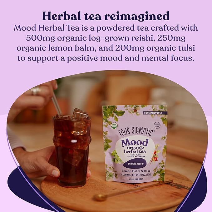 Four Sigmatic Mood Organic Herbal Tea | Enhance Emotional Well-Being with Tulsi & Reishi Tea | Calming Lemon Balm Tea w/Adaptogens | Vegan, Gluten-Free | Lemon Balm & Rose, 24 Servings - Bloomnest