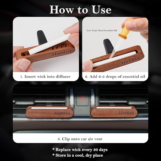 2-Pack Car Diffuser, Natural Sapele Wood Air Freshener Vent Clip for Essential Oils, Refillable Solid Wood Design (No Essential Oils) - Bloomnest