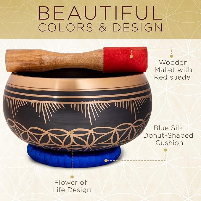 6 inch Flower of Life Design Singing Bowl with Mallet and Cushion. Tibetan Sound Bowls for Energy Healing, Mindfulness, Grounding, Zen, Meditation, Feng Shui - Bloomnest