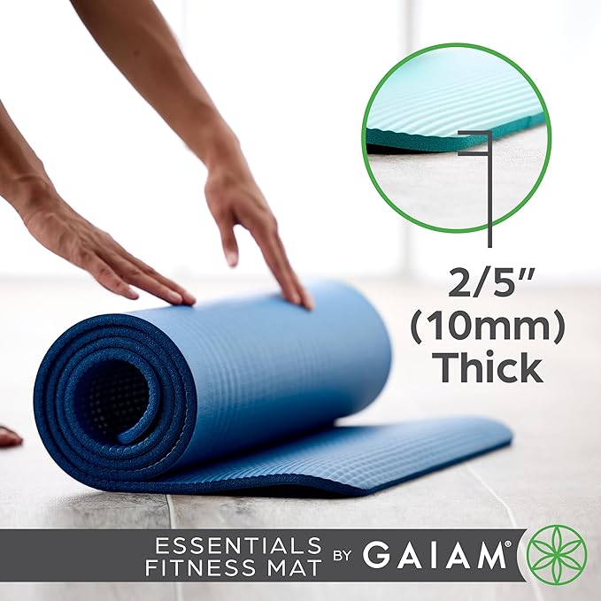 Gaiam Essentials Thick 2/5" (10mm) and Thin 1/4" (6mm) Yoga & Pilates, Fitness & Exercise Mat with Easy-Cinch Carrier Strap