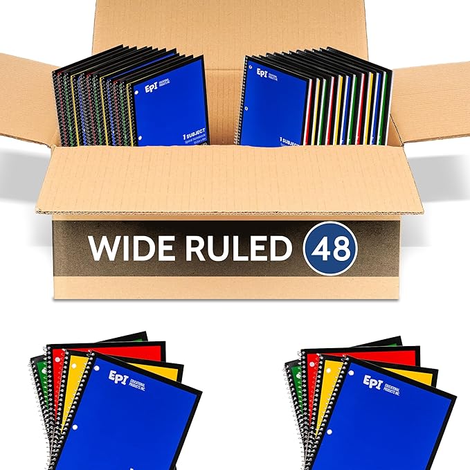EPI Spiral Notebook | Wide - 70 Sheets, Durable Spiral Binding | 10.5 x 8 in | Classroom Supplies | School, Office, Note Taking, Journaling - 48 Pack - Bloomnest