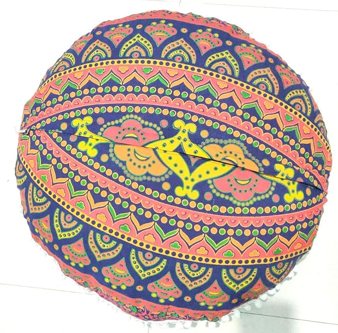 ICC New Blue Ombre 24" Mandala Barmeri Large Floor Pillow Cover Cushion Meditation Seating Ottoman Throw Cover Hippie Decorative Zipped Bohemian Pouf Ottoman Pom Pom Cases 24" Round - Bloomnest