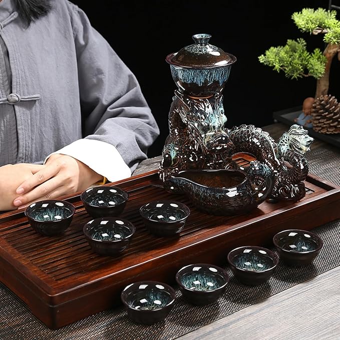 Chinese Gongfu Tea Set - Ceramic Teapot with Infuser, 8 Cups, Semi Automatic Dragon Design for Loose Leaf Tea