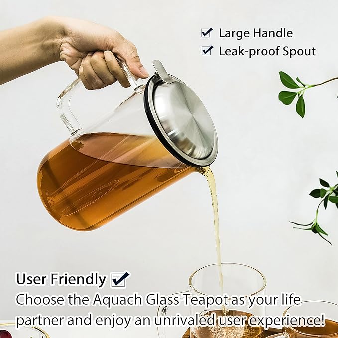 Aquach 51oz Glass Teapot with Stainless Steel Removable Infuser, Stovetop & Dishwasher Safe, Ideal for Loose & Blooming Tea Brewing - Bloomnest