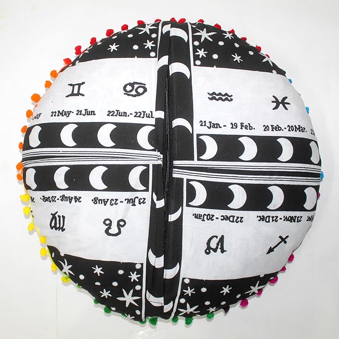 CRAFT KALA 22" Bohemian Floor Pillow Pouf Cover Mandala Boho Large Round Meditation Room Pillow Covers for Adults Seating Poufs Cushion Cover for Kids Playroom Black Zodiac - Bloomnest