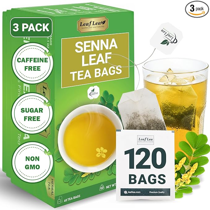 LeafLea 120 Senna Tea Bags – Pure Senna Herbal Laxative Tea, Naturally Supports Constipation Relief & Digestive Cleanse, Caffeine-Free, No Sugar, No Gluten, Non-GMO, Vegan, Individually Wrapped - Bloomnest