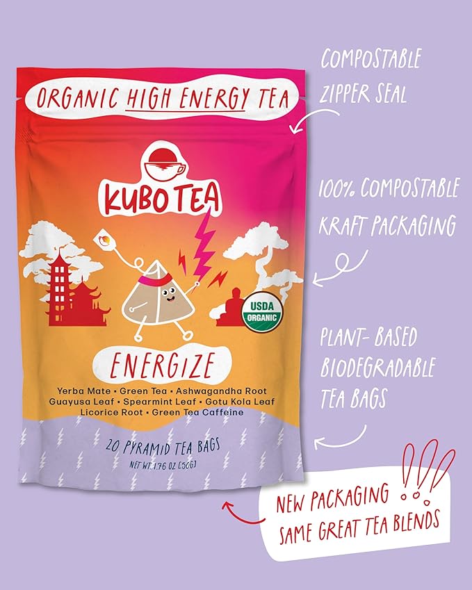 Kubo Tea Energize Yerba Mate Green Tea - Organic High Caffeine Energy Blend - 20 Pyramid Tea Bags (140mg Caffeine each) - Healthy Sugar Free Coffee Substitute for Hot and Iced Drinks - Biodegradable - Bloomnest