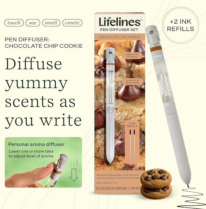 Lifelines Pen Diffuser Set, Chocolate Chip Cookie - 1mm Black Ballpoint Pen with Scented Essential Oil Blend & 2 Ink Refills – Aromatherapy Diffuser & Sensory Immersion Diffuse Aroma As You Write - Bloomnest