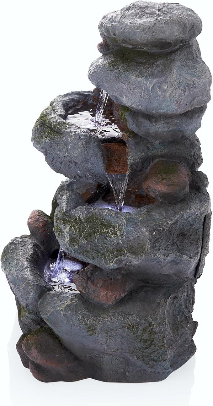 Alpine Corporation | 22"H Outdoor 3-Tier Rock Waterfall Fountain with LED Lights — Natural Stone Look for Garden, Patio, Yard & Porch Décor (Gray) - Bloomnest
