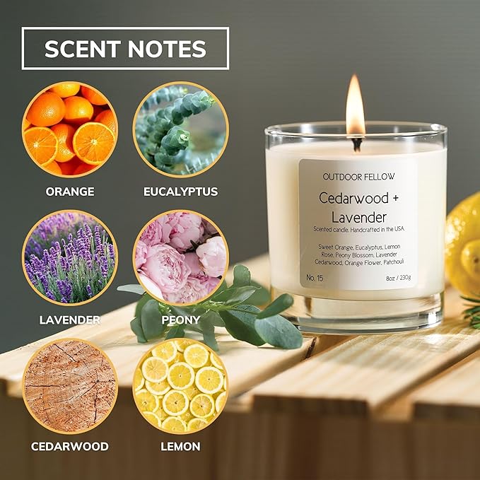 Outdoor Fellow Cedarwood and Lavender Scented Candle, 8oz, Coconut & Apricot Wax Blend, Sweet Orange, Lavender, Cedarwood, Reusable Glass, 40-50 Hour Burn Time - Bloomnest
