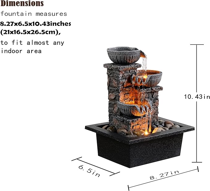 Kalona Tabletop Fountain 3 Bowls with LED Light Soothing Water Flowing Sound Fountain Zen/Meditation Home/Office Decor Home Décor Relaxation Indoor (23113) - Bloomnest