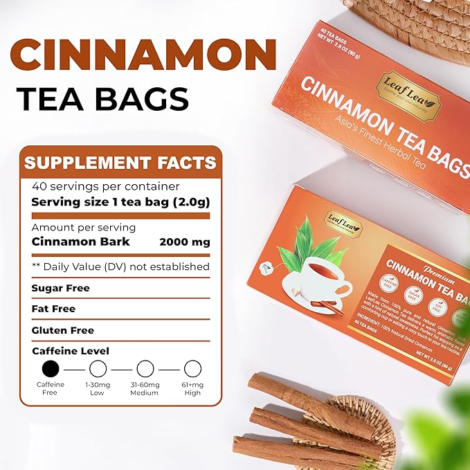 LeafLea 120 Cinnamon Tea Bags, Premium Herbal Tea with Ground Cinnamon Sticks, Spiced and Soothing Flavor for Relaxation, Caffeine-Free, Sugar-Free, Non-GMO, Vegan - Bloomnest