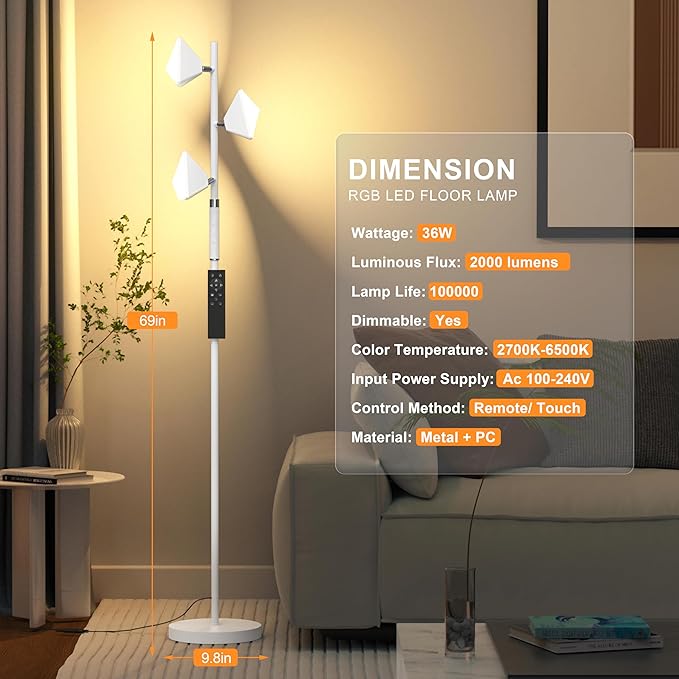 PARTPHONER RGB Tree Floor Lamp for Living Room, Stepless Dimmable Tall Standing Lamp with Remote, Touch Control and 3 Rotatable Light, Bright LED Lights for Bedroom with 4 Color-Changing, White - Bloomnest
