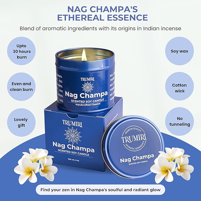 Nag Champa Candle for Home Scented - 5oz Natural Soy Clean Organic Non Toxic - for Aromatherapy Meditation Spiritual Gifts Bathroom Kitchen - Long Lasting Heavily Scented - Velas Aromáticas TRUMIRI